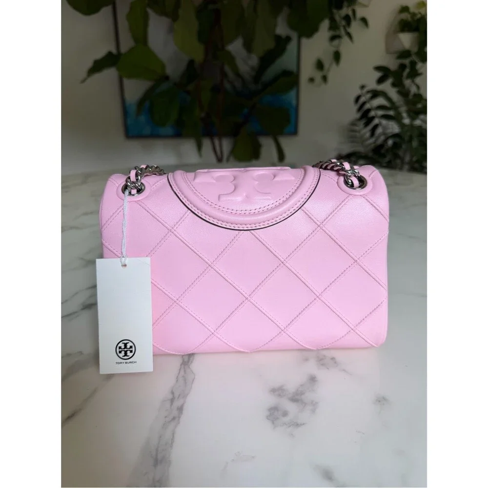 NWT Tory Burch Small Fleming Soft Convertible Shoulder Bag Pink Plie / Silver